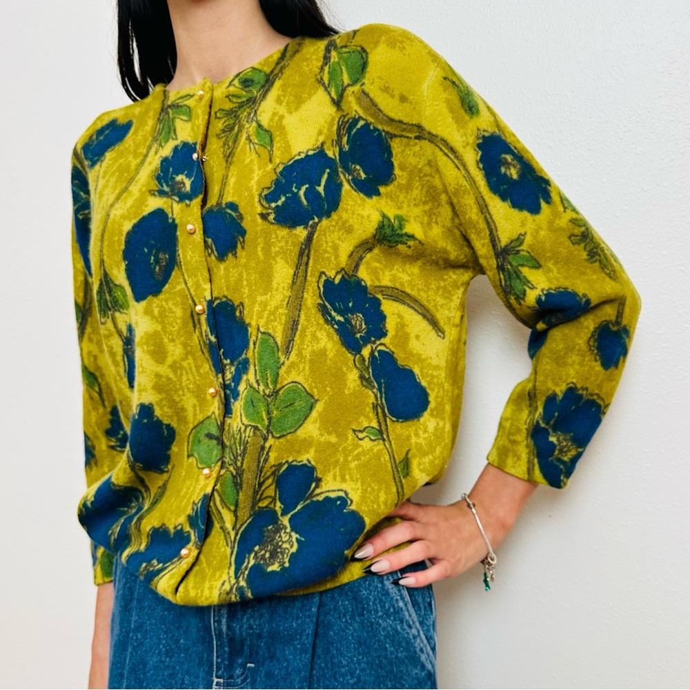 Vintage Darlene Angora Cardigan Hand Screen Printed Made in USA Floral Boho